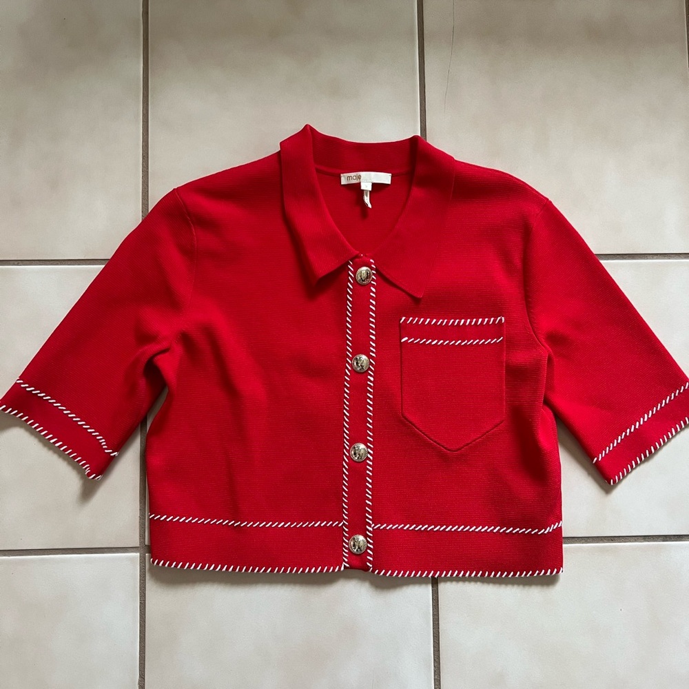 Maje Red Contrast Cropped Cardigan
